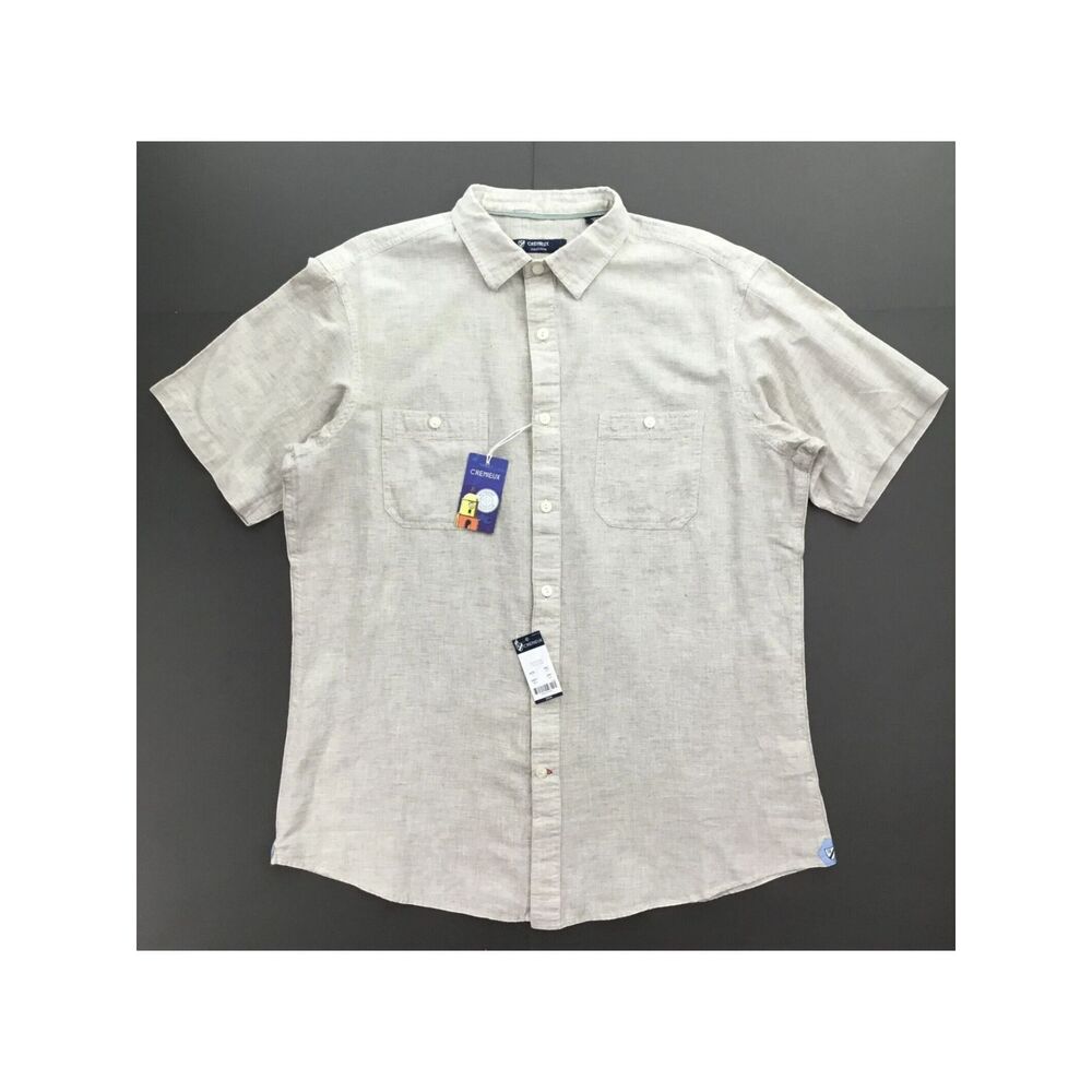 NEW Mens Linen Shirt Size L Cremieux Flax Cotton Short Sleeve Beige Resort Wear